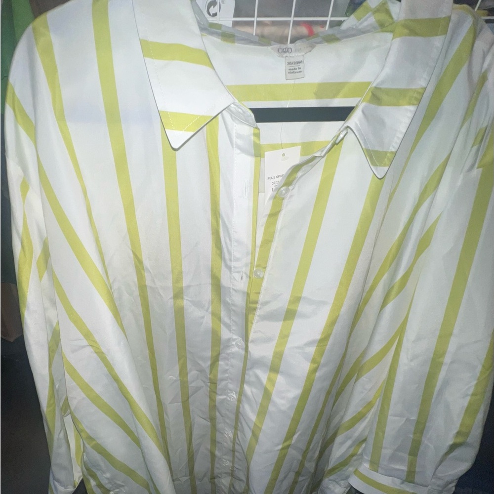 Cato Casual Button Down Shirt White and Green Stripes